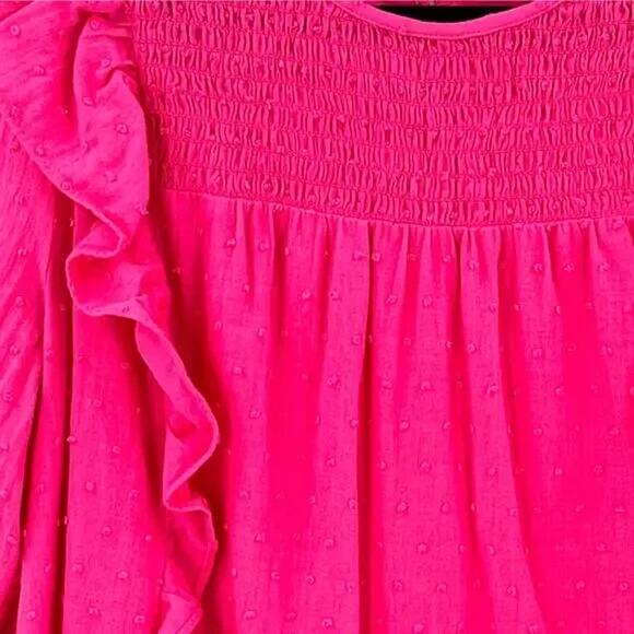 Loft Top Women's S Long Sleeve Swiss Dot Ruffles Smocked Preppy Pink Coquette - Picture 3 of 7
